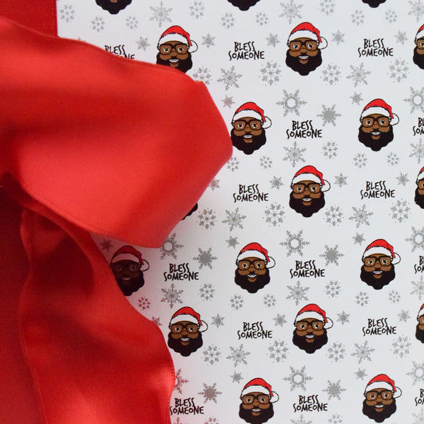 Black Santa Bless Someone Christmas Holiday Wrapping Paper - White