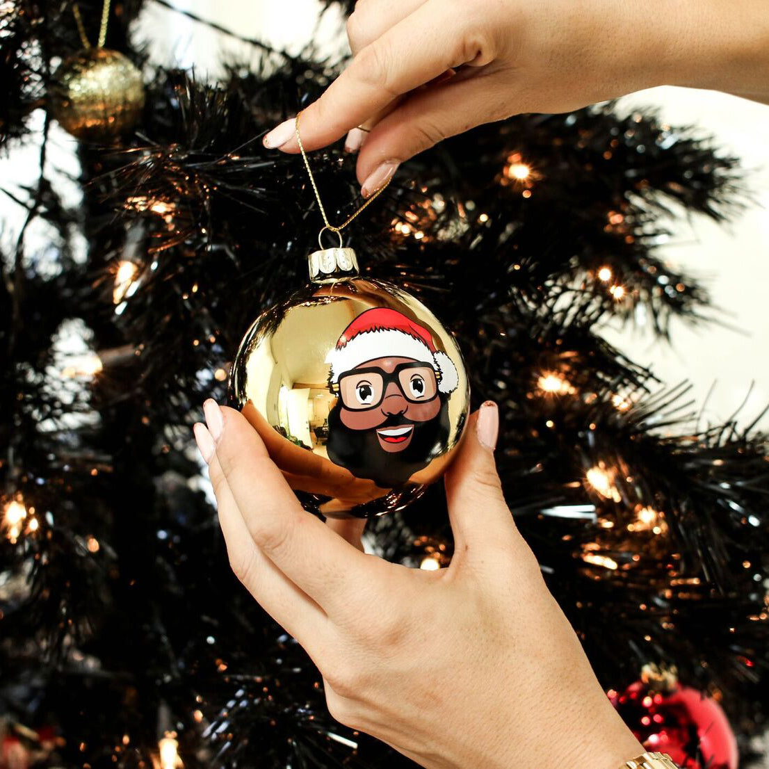 Black Santa Limited Edition Gold Ball Glass Christmas Ornament